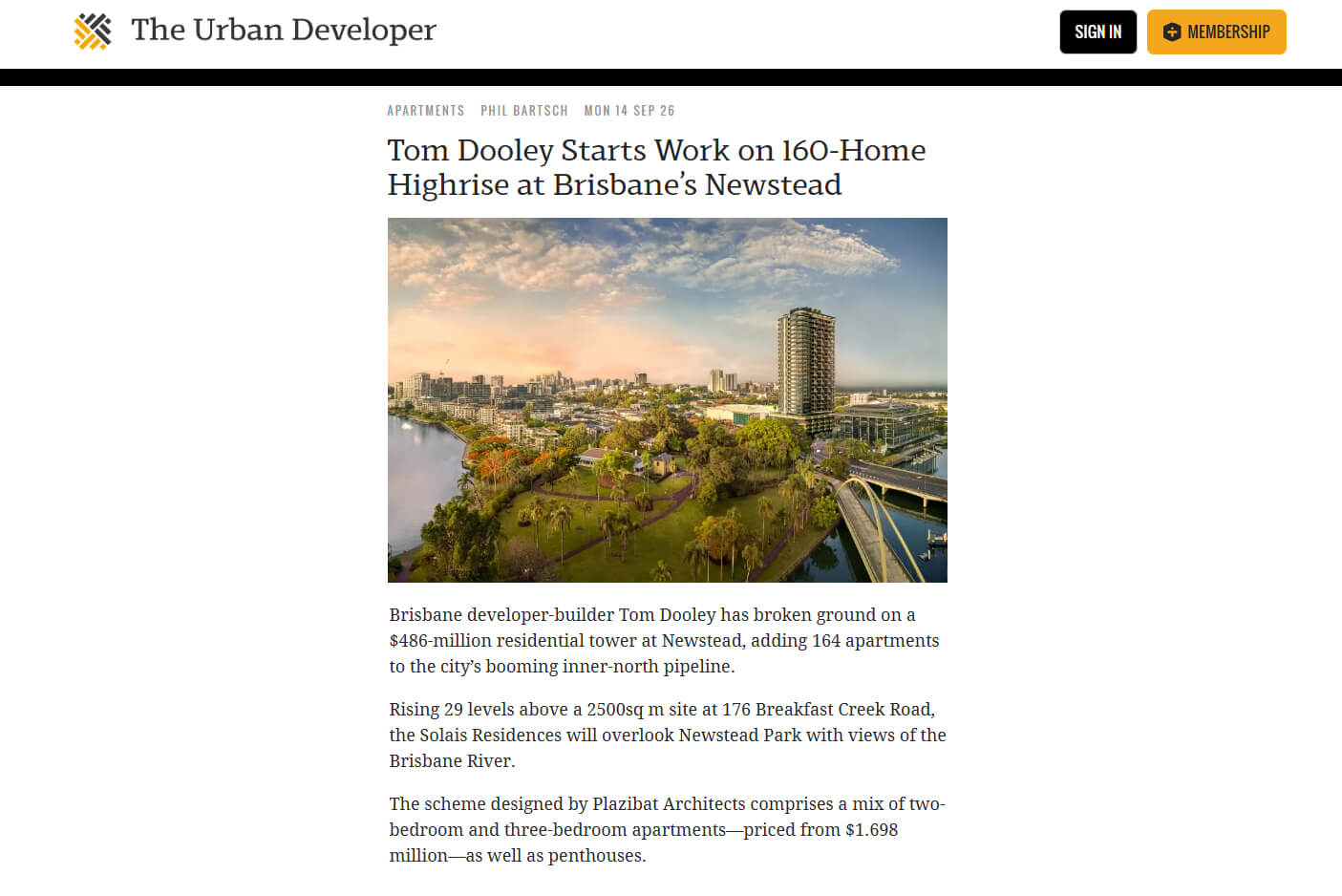 Tom Dooley Starts Work on 160-Home Highrise at Brisbane’s Newstead